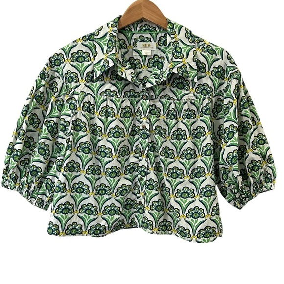 Anthropologie Tops - Anthropologie Maeve Zooey Bubble-Sleeve Blouse M green white button up cotton